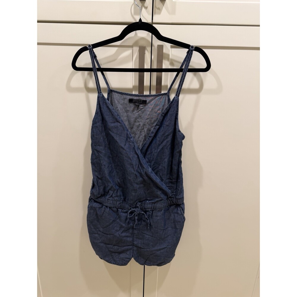 All Saints Joanna Denim Tencel Romper Blue Sz 6 Pockets Sleeveless Soft Summer
